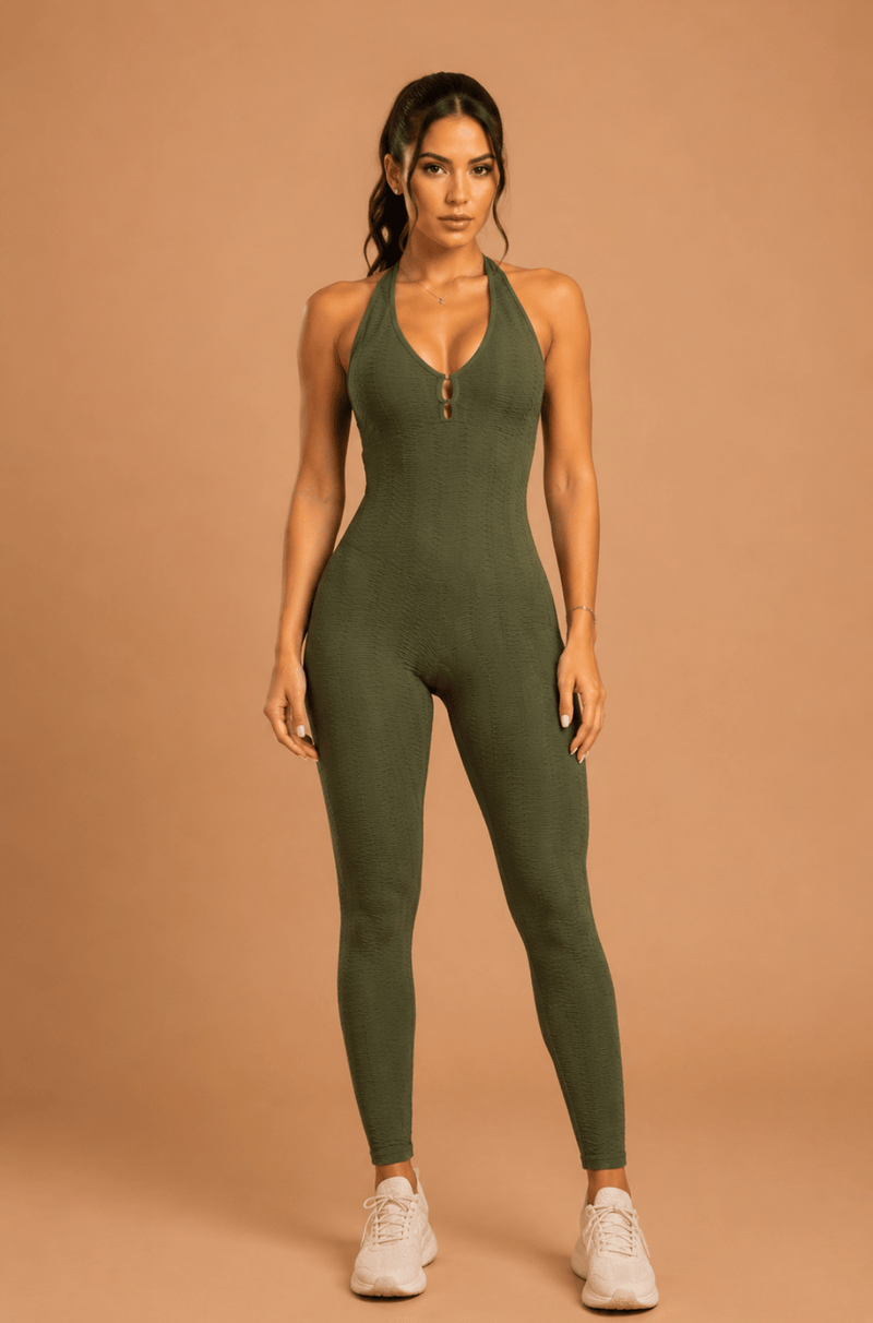 Macacão empina bumbum jacquard brocado verde militar
