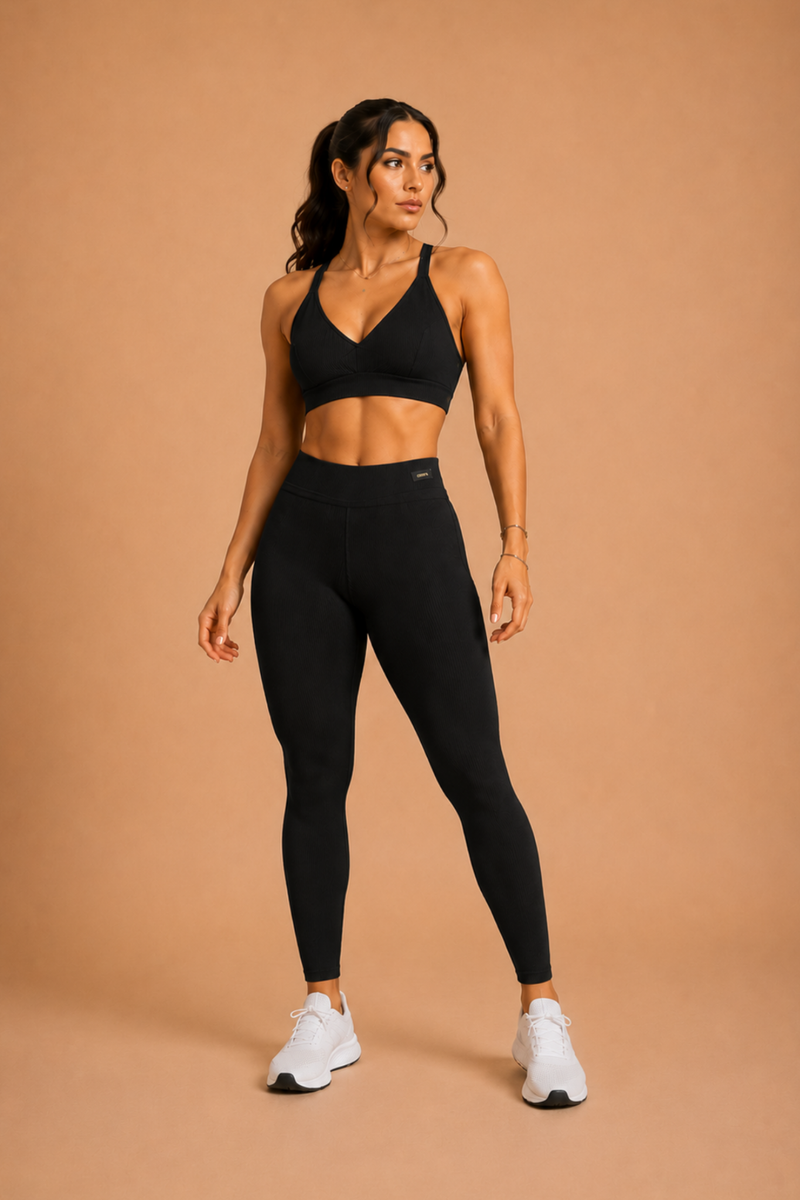 Legging cintura alta canelada preta milano