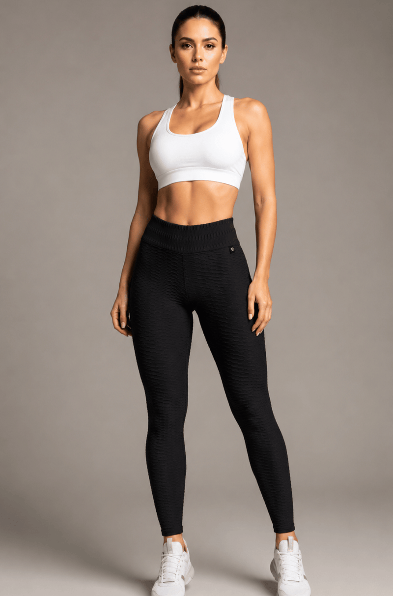 Legging empina bumbum cintura alta brocada jacquard preta