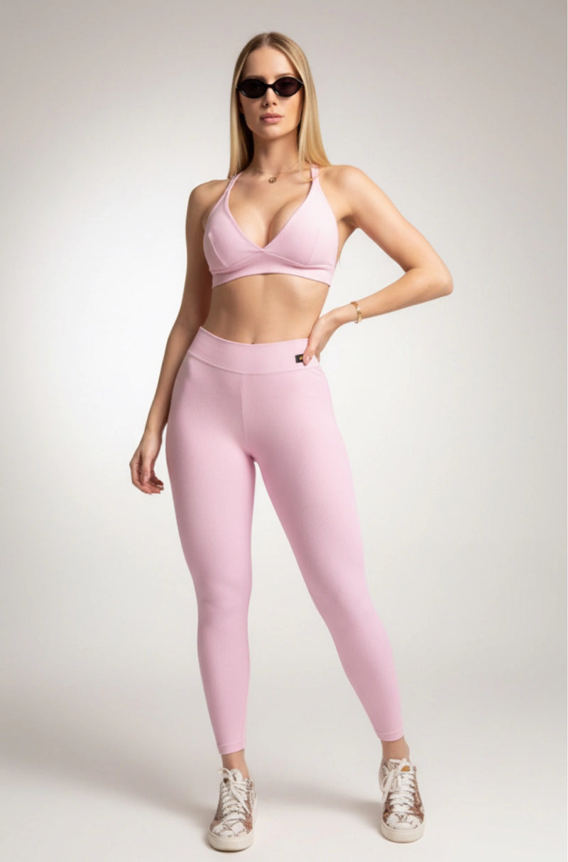 Conjunto canelado cintura média e top milano rosa