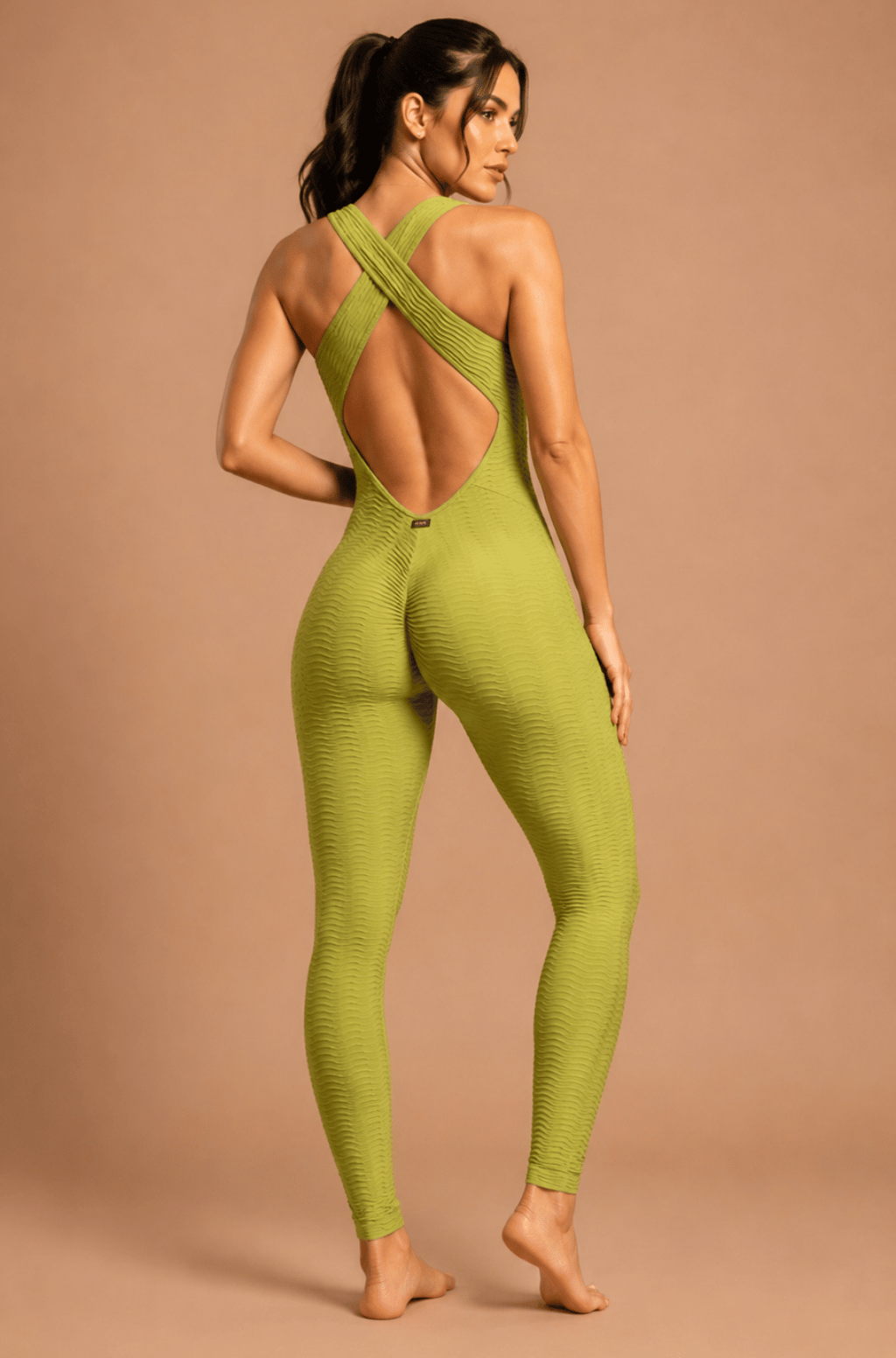 Macacão empina bumbum jacquard brocado lime green