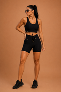 Conjunto short empina bumbum brocado preto e top